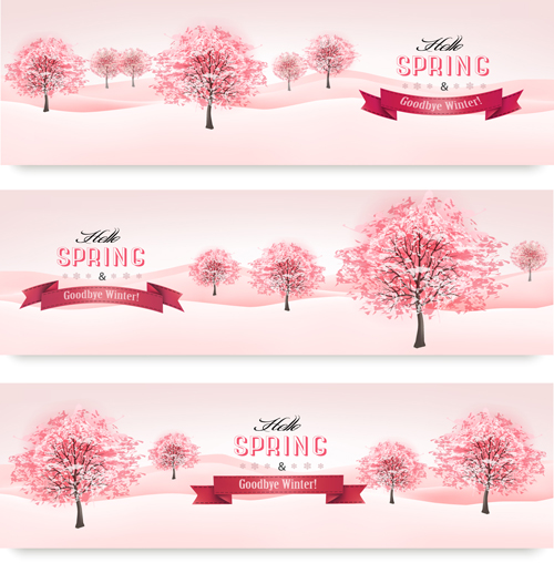 Pink style spring trees banners vector graphics 01 Pink style spring trees banners vector graphics 01