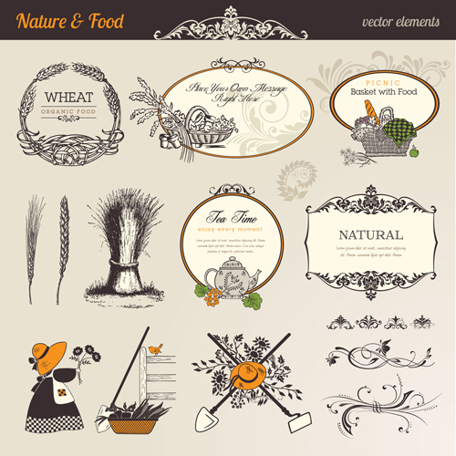 Natural food labels and ornament vector 01 Natural food labels and ornament vector 01