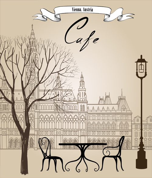 Street cafe hand drawn vector material 01