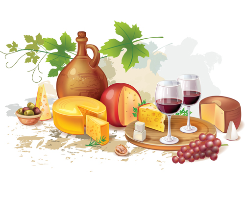 Wine with cheese and grapes bread vector 02 Wine with cheese and grapes bread vector 02