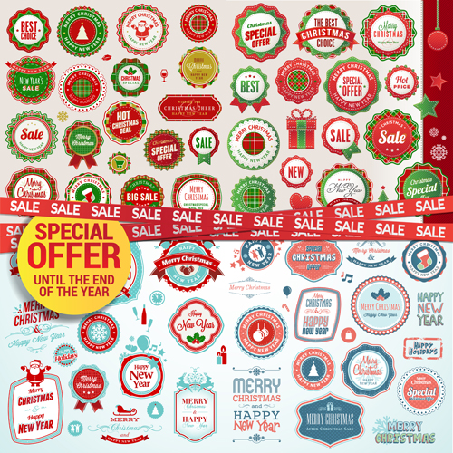 Badges with labels christmas retro vector Badges with labels christmas retro vector