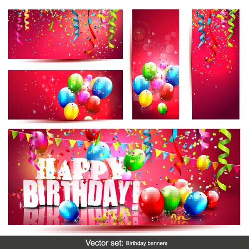 Birthday banners with colored balloons vector Birthday banners with colored balloons vector