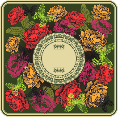 Flower with butterfly and round frames background vector 01
