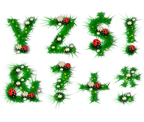 Green leaf alphabet with coccinella and flower vector 05 Green leaf alphabet with coccinella and flower vector 05