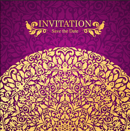 Vintage invitation card with purple floral pattern vector 03 Vintage invitation card with purple floral pattern vector 03