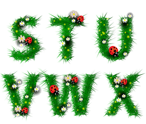Green leaf alphabet with coccinella and flower vector 01