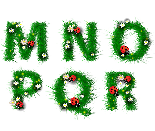 Green leaf alphabet with coccinella and flower vector 02 Green leaf alphabet with coccinella and flower vector 02