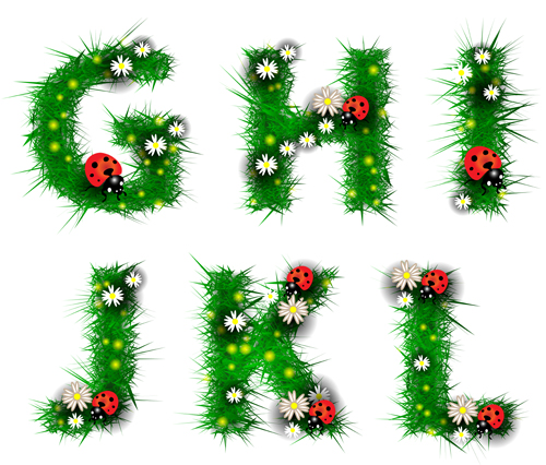 Green leaf alphabet with coccinella and flower vector 03 Green leaf alphabet with coccinella and flower vector 03