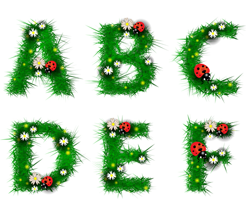 Green leaf alphabet with coccinella and flower vector 04 Green leaf alphabet with coccinella and flower vector 04