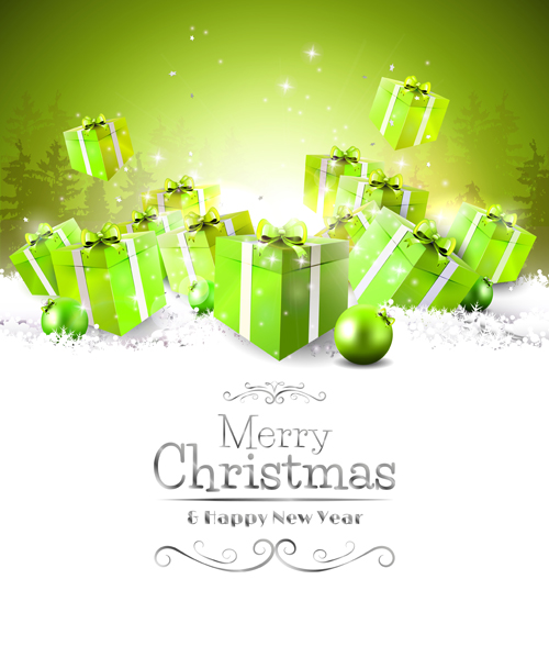 Snow card with christmas balls green gift boxs vector Snow card with christmas balls green gift boxs vector