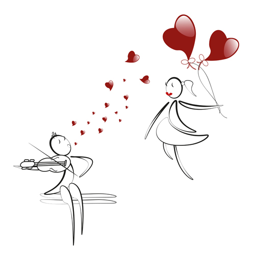 red lover heart hand girl drawing boy balloons 