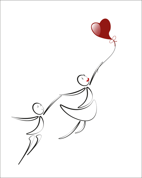 red lover heart hand girl drawing boy balloons 