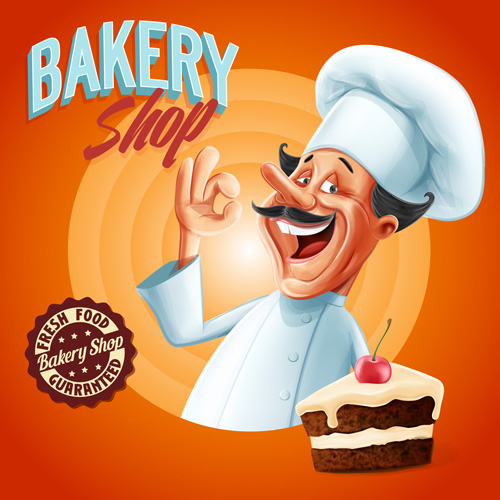 Vintage cake poster with chef vector 02 Vintage cake poster with chef vector 02