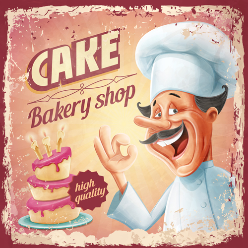 Vintage cake poster with chef vector 03 Vintage cake poster with chef vector 03