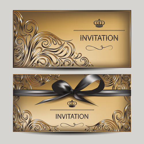 Vintage golden invitation cards with ribbon bow vector