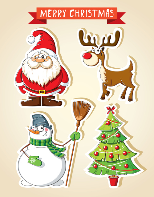 Christmas santa with tree deer and snowman stickers vector Christmas santa with tree deer and snowman stickers vector