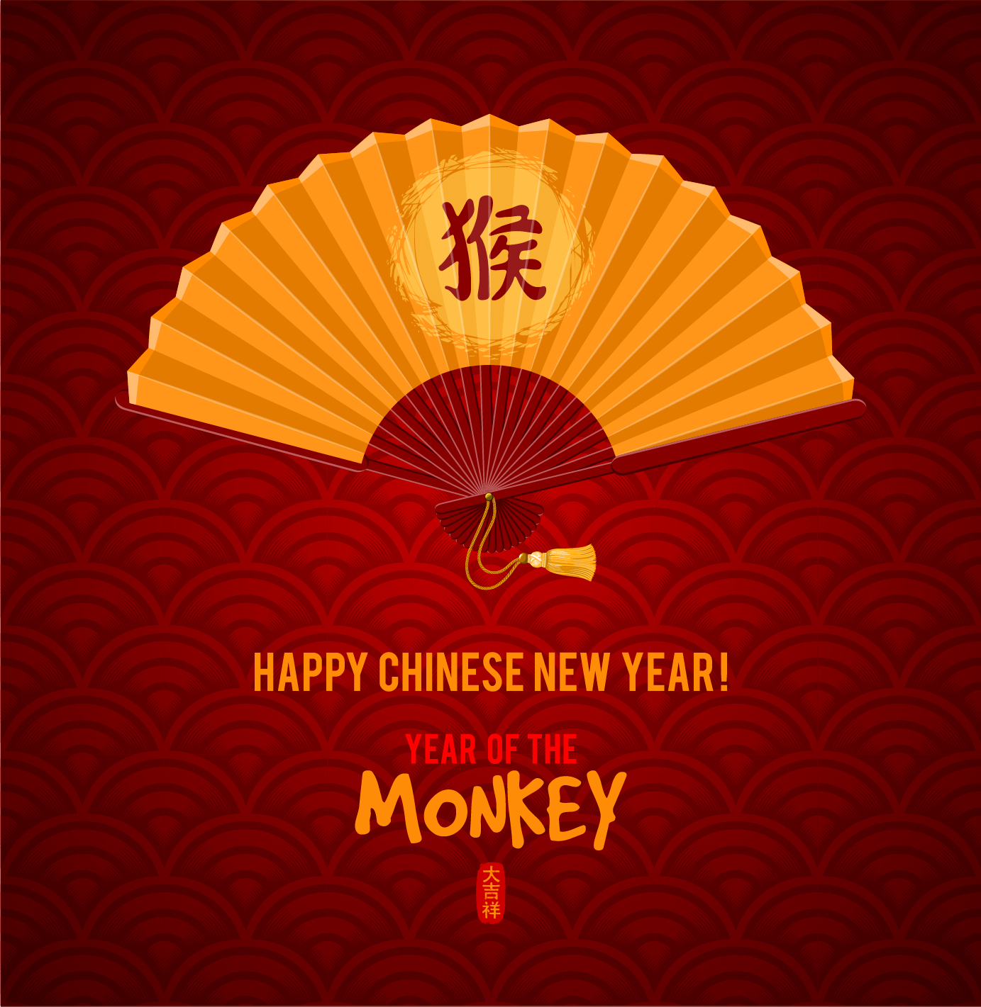 Golden fan with china 2016 monkey new year vector background Golden fan with china 2016 monkey new year vector background