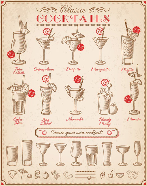 Hand drawn cocktail menu vector Hand drawn cocktail menu vector