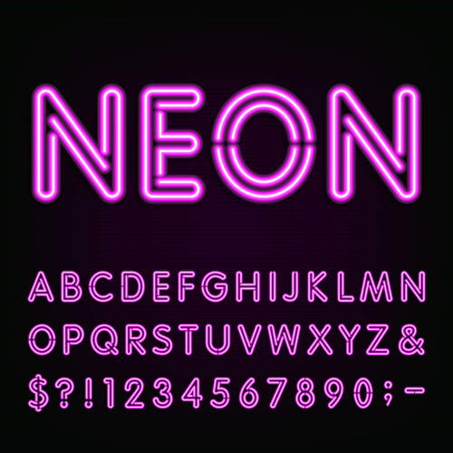 Purple neon alphabet with number and sign vector Purple neon alphabet with number and sign vector