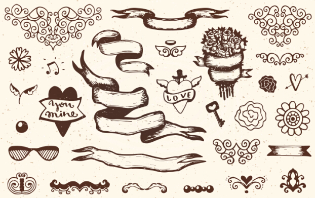 Vintage ribbon with heart and ornaments elements vector Vintage ribbon with heart and ornaments elements vector