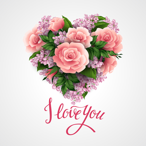 Pink flower with heart valentines day cards vector 01 Pink flower with heart valentines day cards vector 01