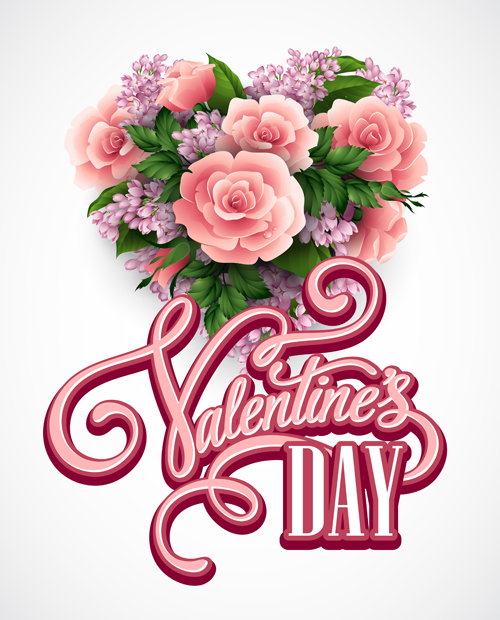 Pink flower with heart valentines day cards vector 05 Pink flower with heart valentines day cards vector 05