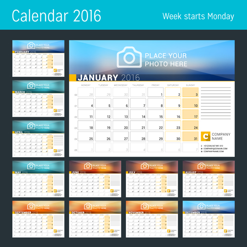 Colored desk calender 2016 vector graphics 01