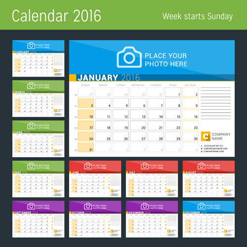 Colored desk calender 2016 vector graphics 02 Colored desk calender 2016 vector graphics 02