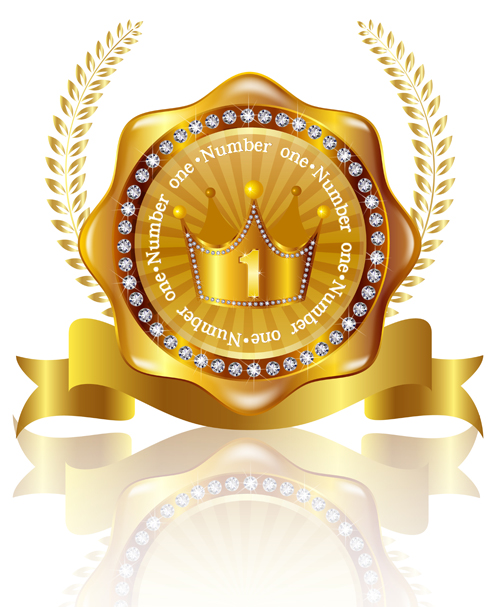 Golden labels with diamonds and laurel wreath vectors 01