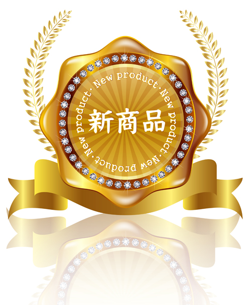 Golden labels with diamonds and laurel wreath vectors 03