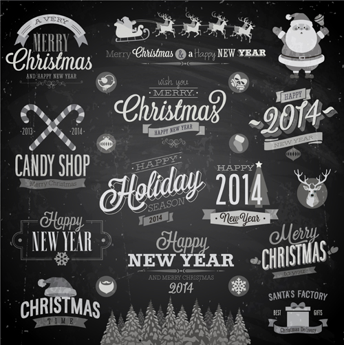 2014 Christmas Dark labels with ornaments vector set 01 2014 Christmas Dark labels with ornaments vector set 01