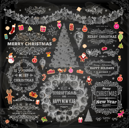 2014 Christmas Dark labels with ornaments vector set 02 2014 Christmas Dark labels with ornaments vector set 02