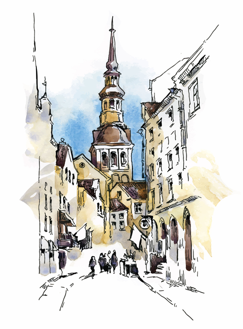Old street hand drawing sketch vector 02 Old street hand drawing sketch vector 02