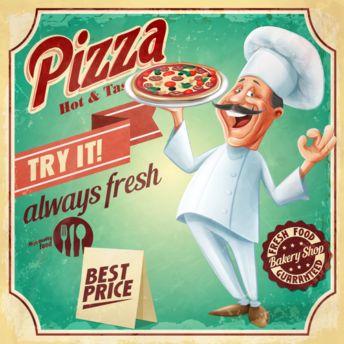 Vintage pizza poster with chef vector 01 Vintage pizza poster with chef vector 01