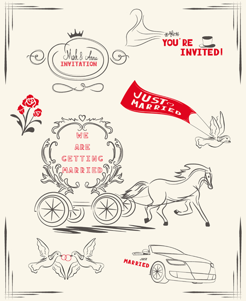 Romantic wedding Invitation cards hand drawn vector 03 Romantic wedding Invitation cards hand drawn vector 03