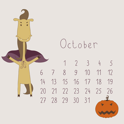 Cute Cartoon October Calendar design vector Cute Cartoon October Calendar design vector