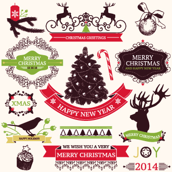 2014 Christmas lables ribbon and baubles ornaments vector 03 2014 Christmas lables ribbon and baubles ornaments vector 03