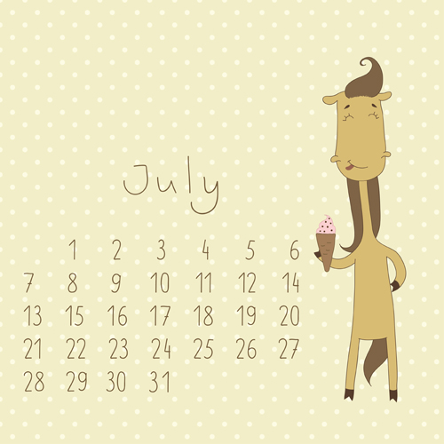 Cute Cartoon July Calendar design vector Cute Cartoon July Calendar design vector