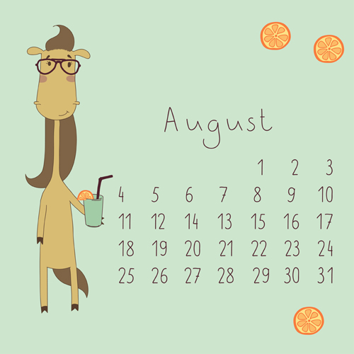 Cute Cartoon August Calendar design vector Cute Cartoon August Calendar design vector