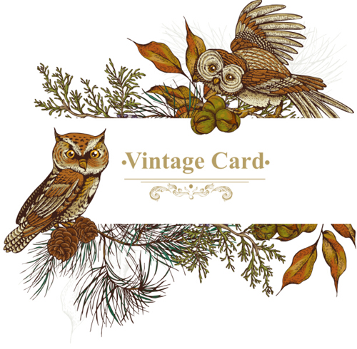Owl with vintage cards vector 05 Owl with vintage cards vector 05