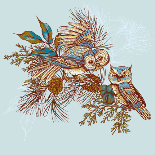Owl with vintage cards vector 06 Owl with vintage cards vector 06