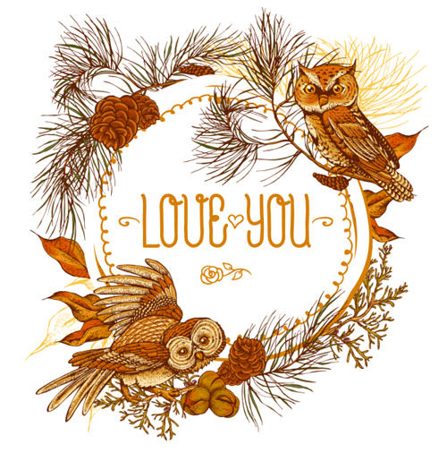 Owl with vintage cards vector 08 Owl with vintage cards vector 08