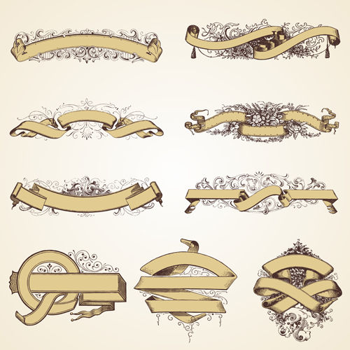 Ribbons with floral decor retro vector 01 Ribbons with floral decor retro vector 01