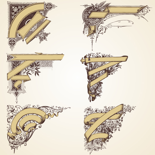 Ribbons with floral decor retro vector 02 Ribbons with floral decor retro vector 02