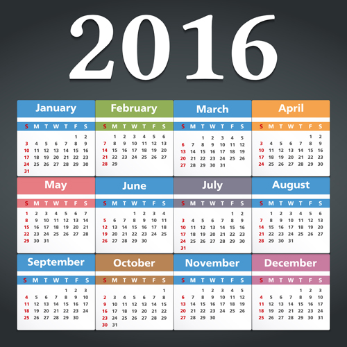 Simple 2016 calendars colored vector 01 Simple 2016 calendars colored vector 01