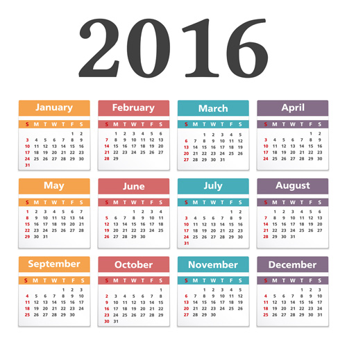 Simple 2016 calendars colored vector 02 Simple 2016 calendars colored vector 02