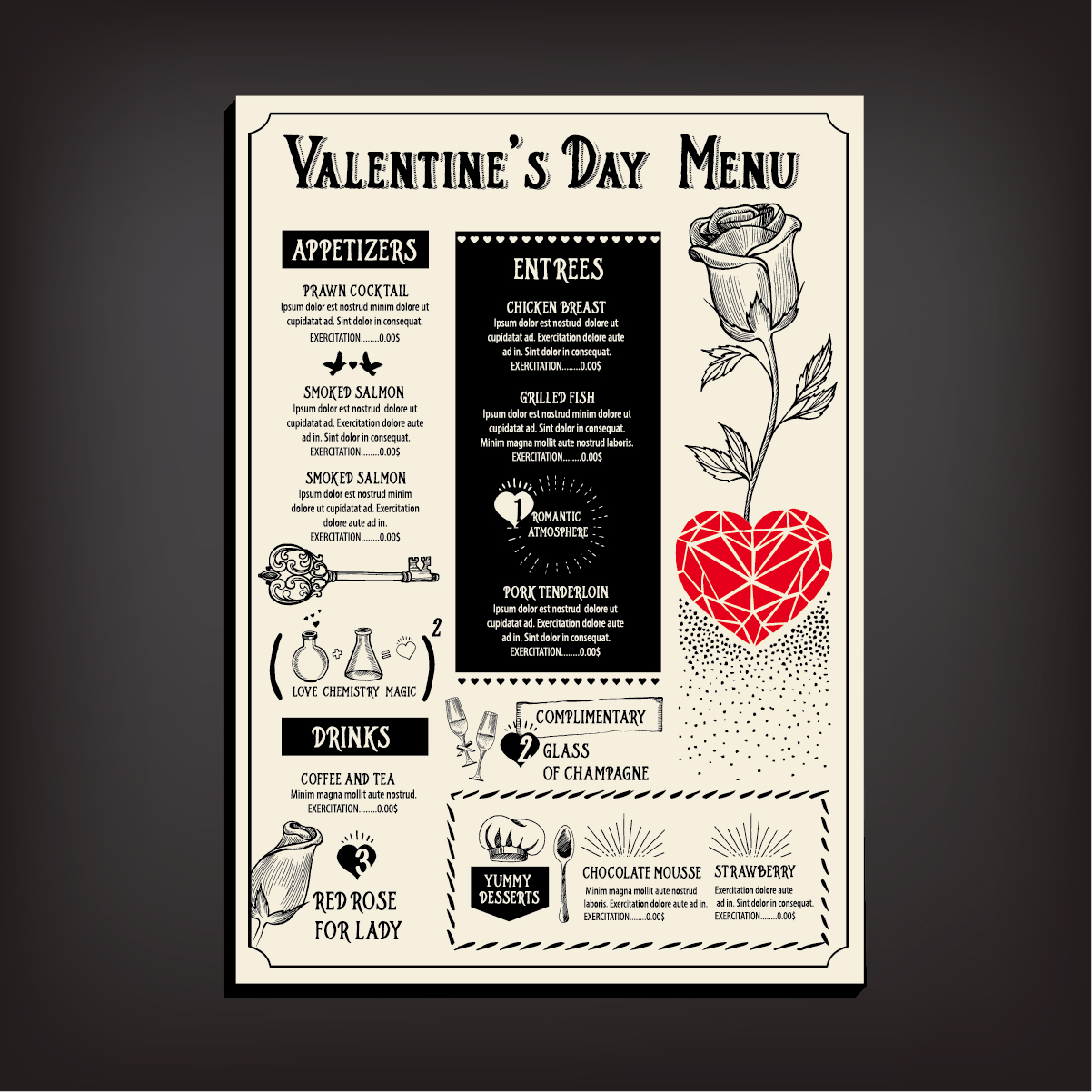 Valentines day restaurant menu vintage vector 07 Valentines day restaurant menu vintage vector 07