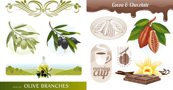 olive oil olive branches olive hillside flowers figures coffee beans coffee chocolate  