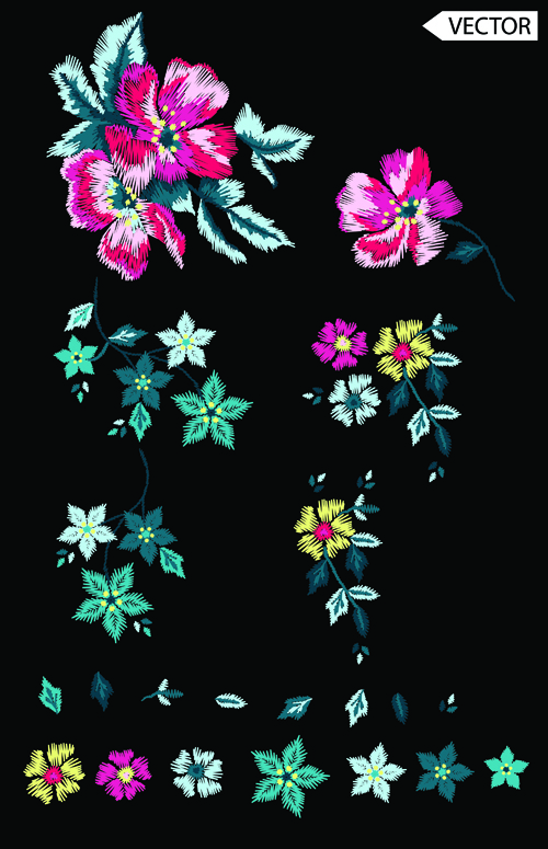 Beautiful embroidery flower design vector 01 Beautiful embroidery flower design vector 01