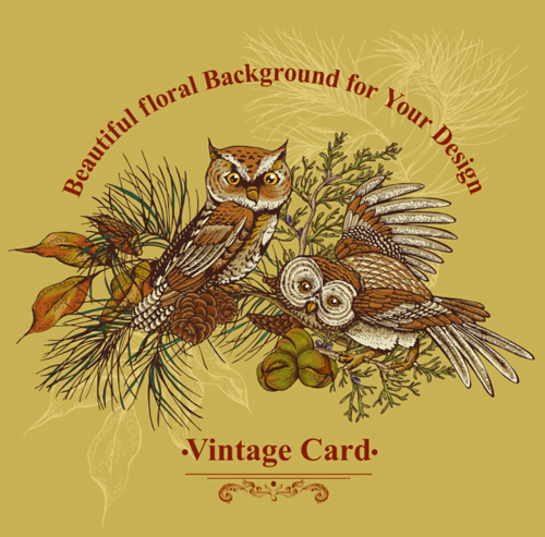 Owl with vintage cards vector 01
